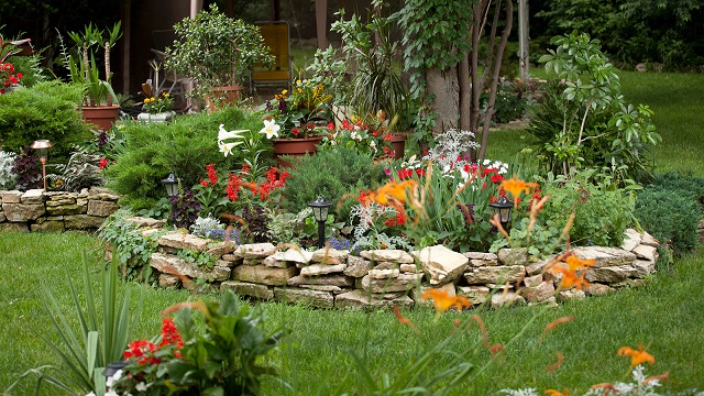 Raised stone garden bed with colourful flowering plants and garden lighting