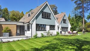 Neatly mown, healthy green lawn in front of a home