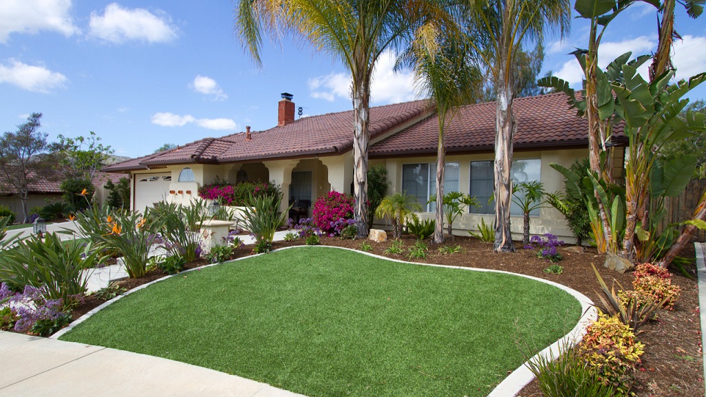 Front yard with curved artificial lawn, colourful flowering shrubs and palm trees