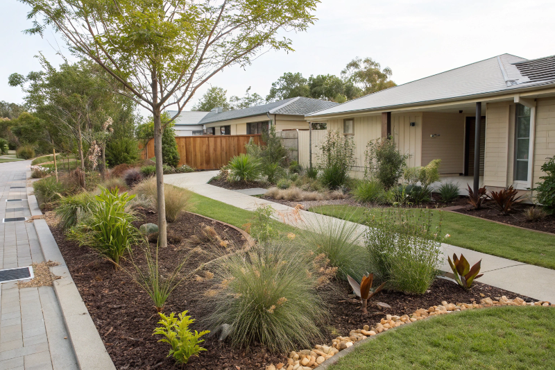 Low-maintenance garden design Toowoomba featuring native plants, drip irrigation and mulched beds