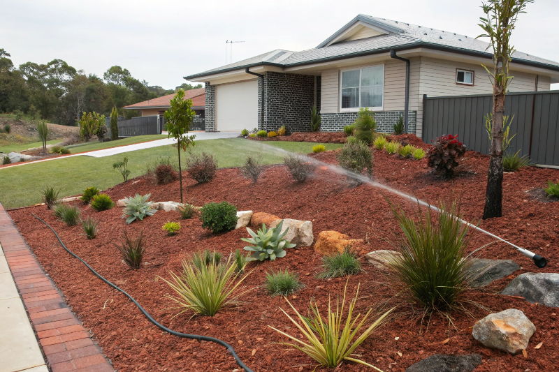 Low-maintenance native garden with drought-tolerant plants and irrigation system, Toowoomba