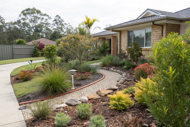 Low-maintenance Australian native garden with drought-tolerant plants and automated irrigation in Queensland suburban backyard