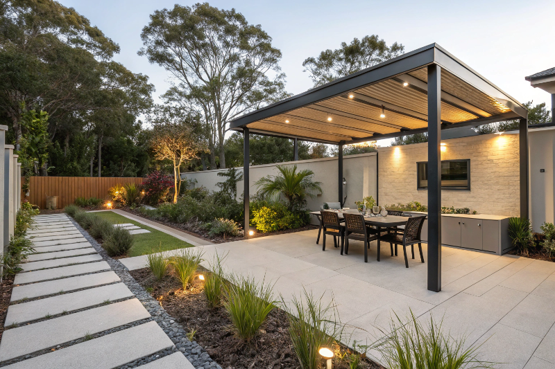 Modern outdoor entertaining area with pergola and native plants in a Toowoomba backyard