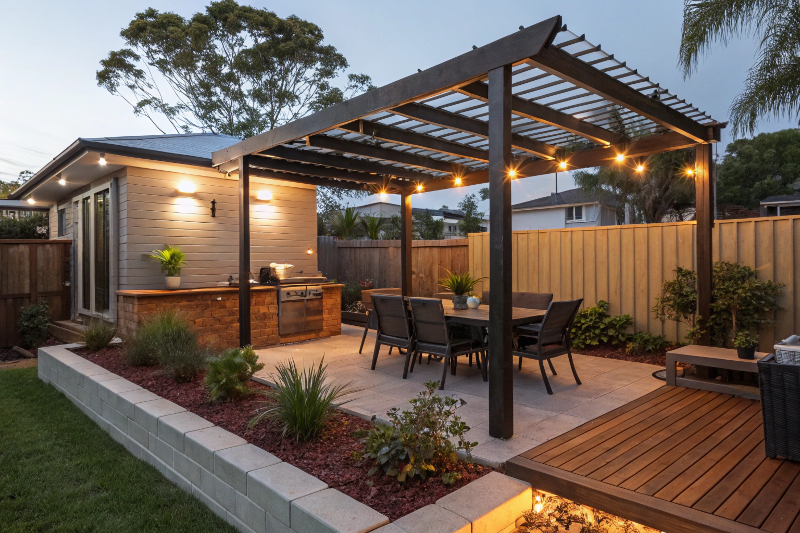 Outdoor entertaining area with pergola and BBQ surrounded by native landscaping in Kearneys Spring backyard