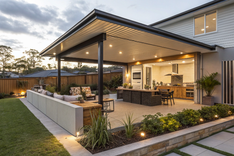 Outdoor entertaining area with professional landscaping in a Toowoomba backyard