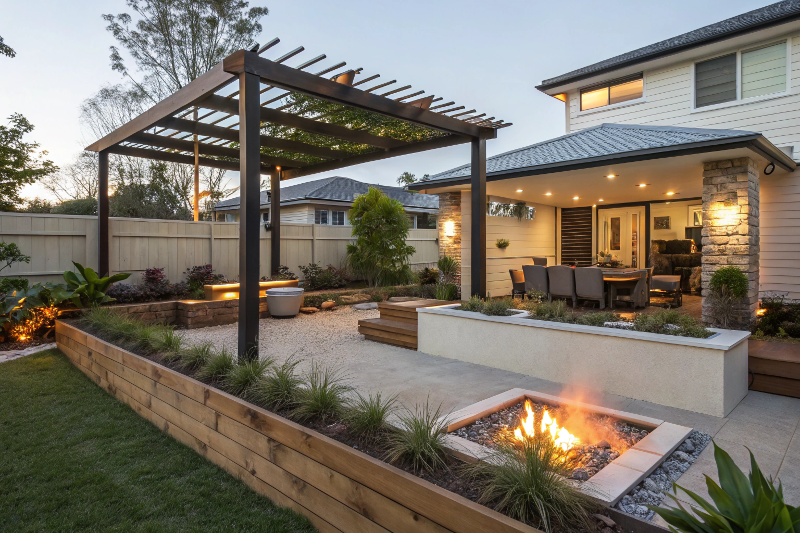 Modern outdoor entertainment area with pergola and fire pit surrounded by professionally landscaped native garden beds in Queensland backyard