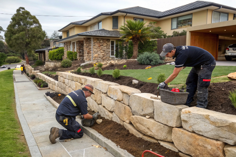 Local Landscaping QLD Toowoomba Co professionals installing quality retaining wall in Rangeville suburb