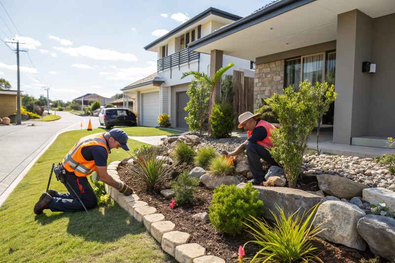 Professional landscaping team installing native plants and decorative stones around Queensland suburban home foundation