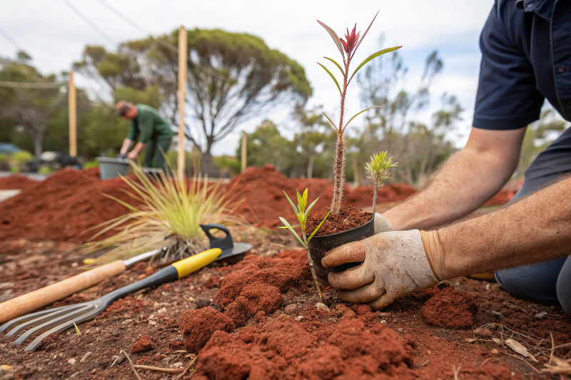 Landscaper planting native plants in red clay soil, Toowoomba