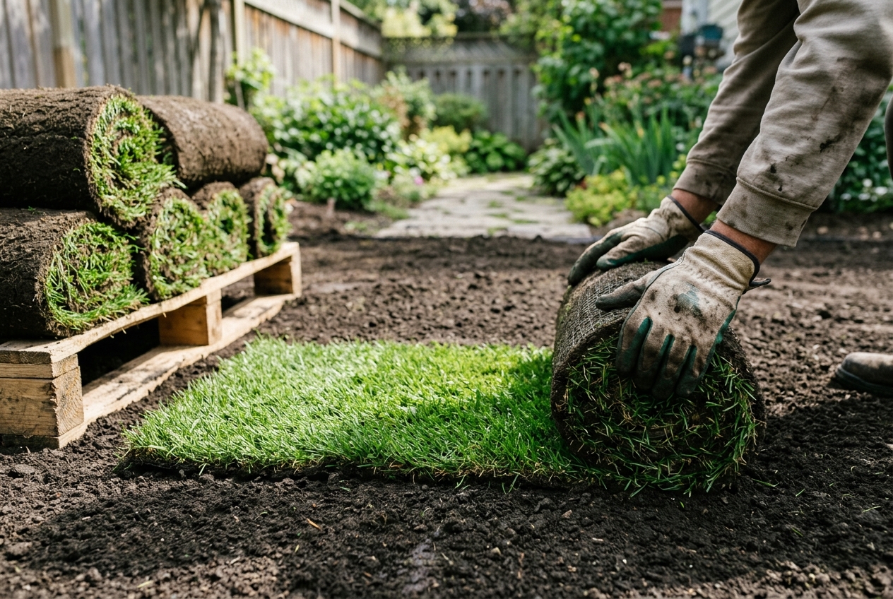 Landscaper rolling out fresh turf onto prepared soil in a Toowoomba backyard