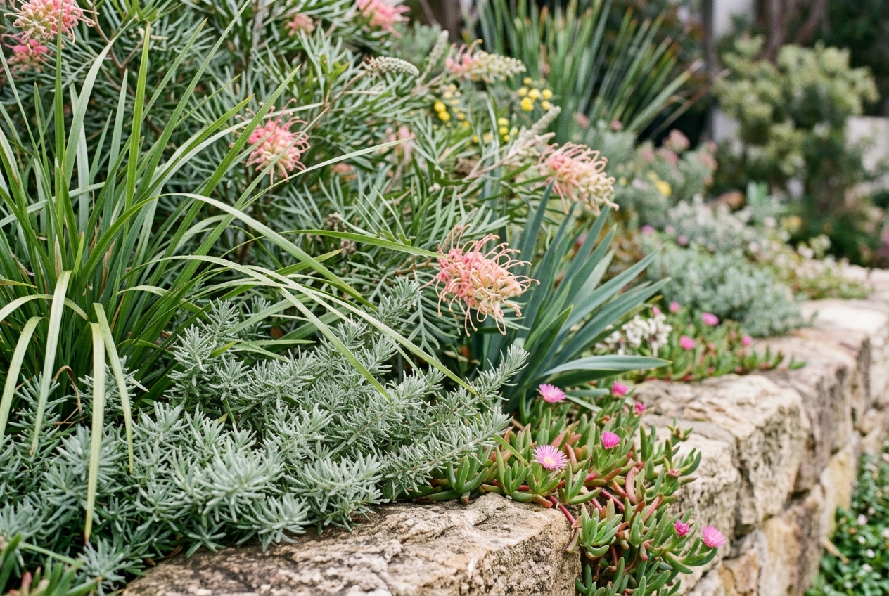 Silvery, structural coastal-style garden bed with grevillea, lomandra and pigface