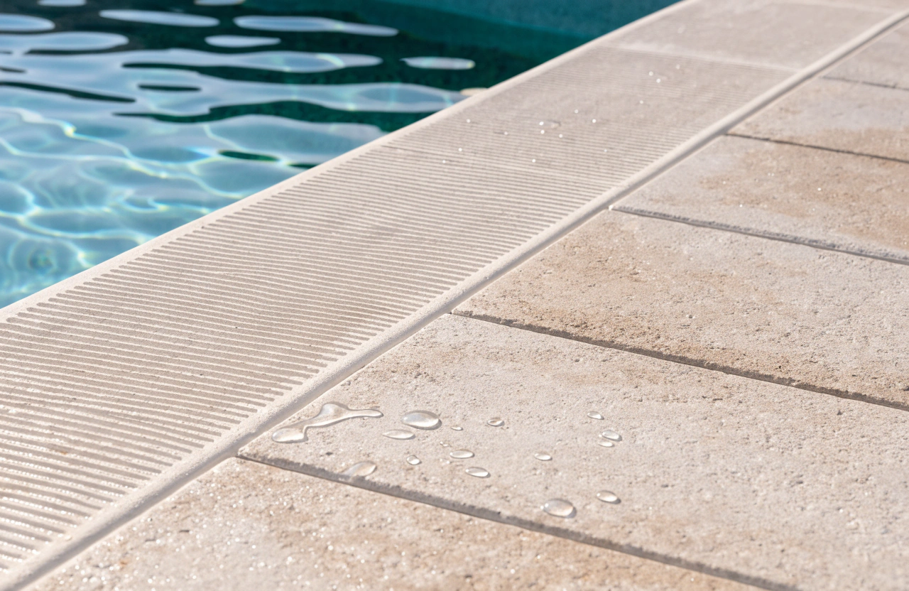 Close-up of light-toned non-slip pool coping and paving beside the water
