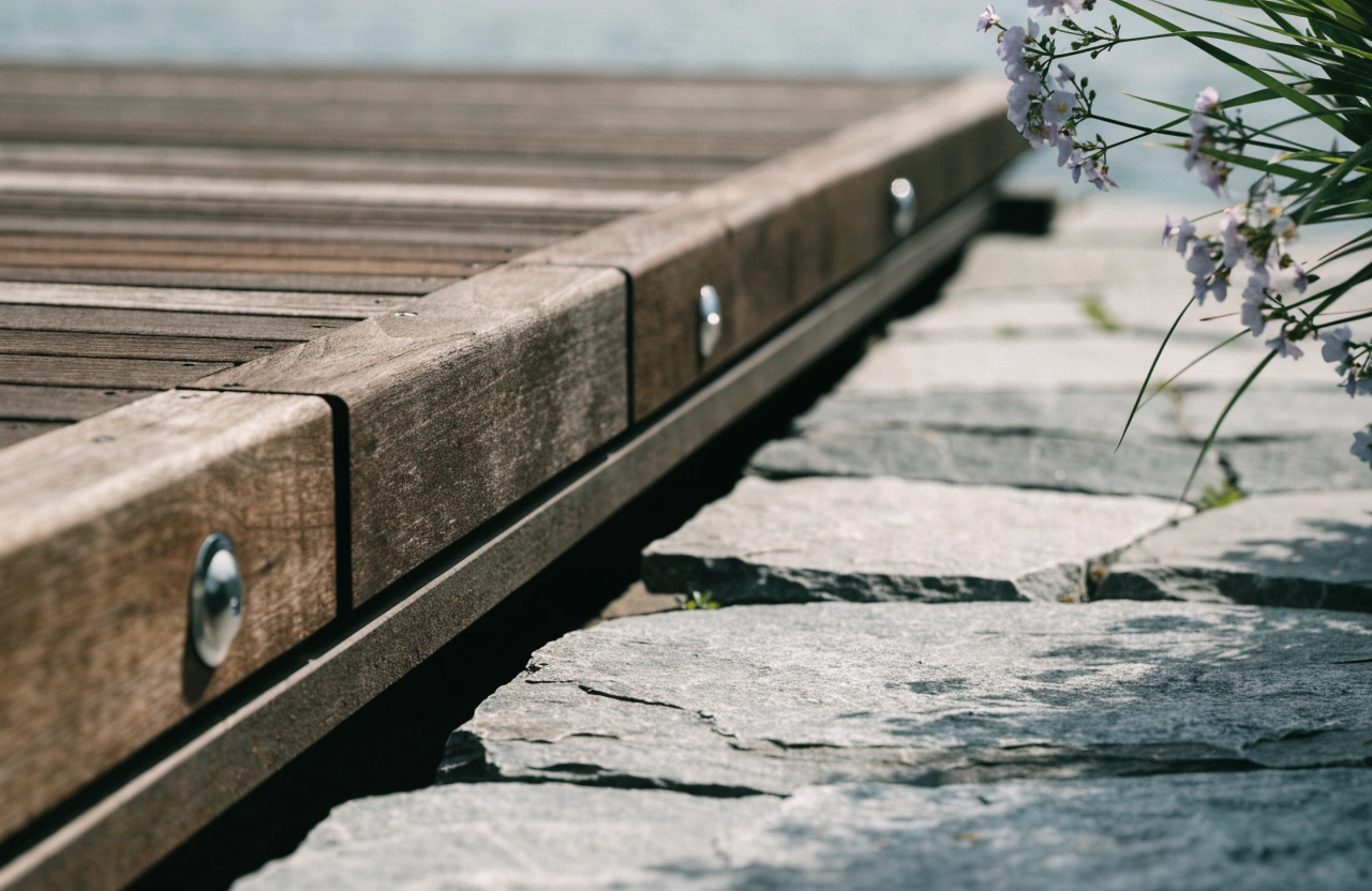 Close-up of corrosion-resistant fixings on hardwood decking beside natural stone paving
