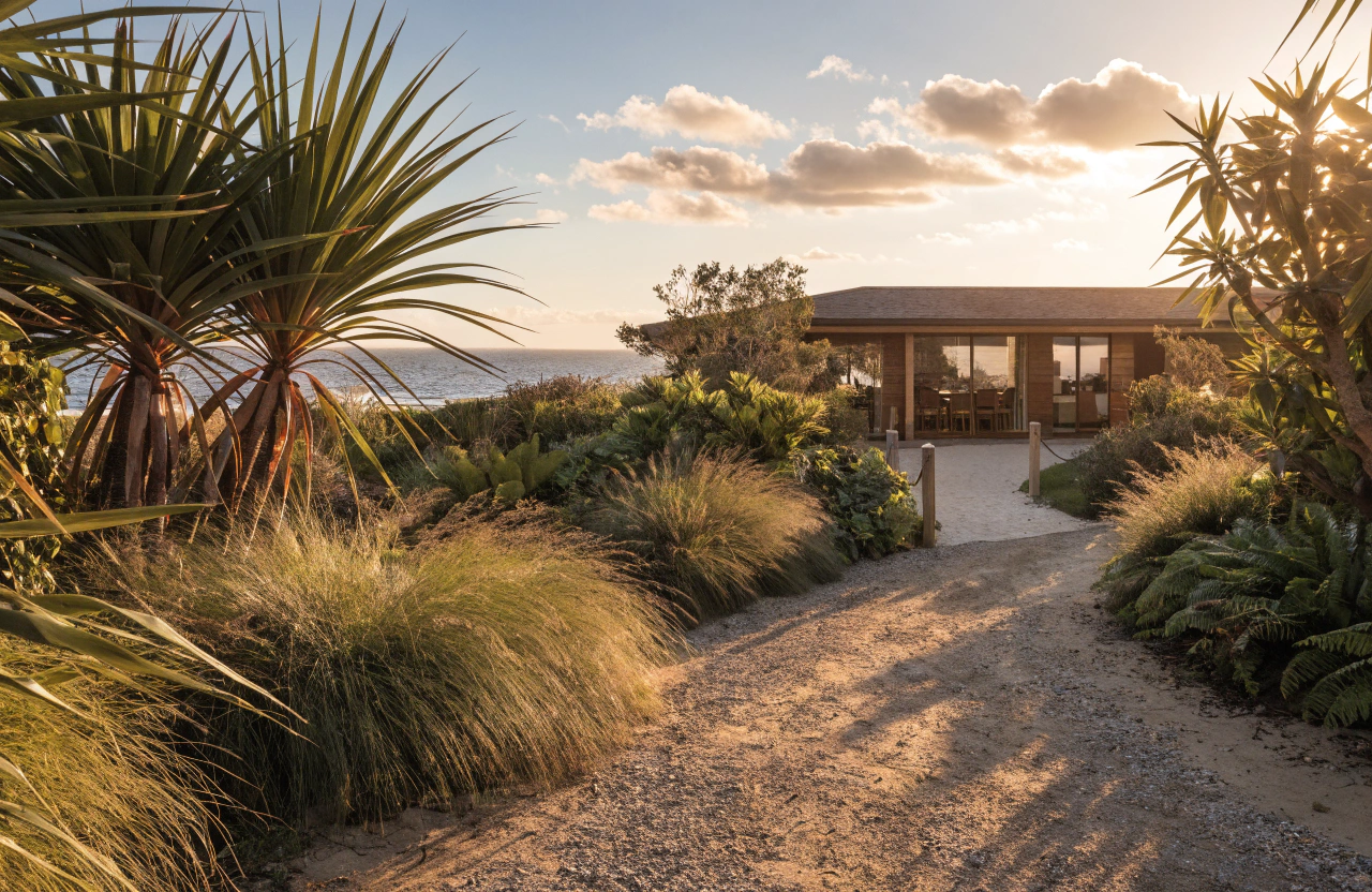 Pathway through salt- and wind-tolerant coastal planting leading to a beach house
