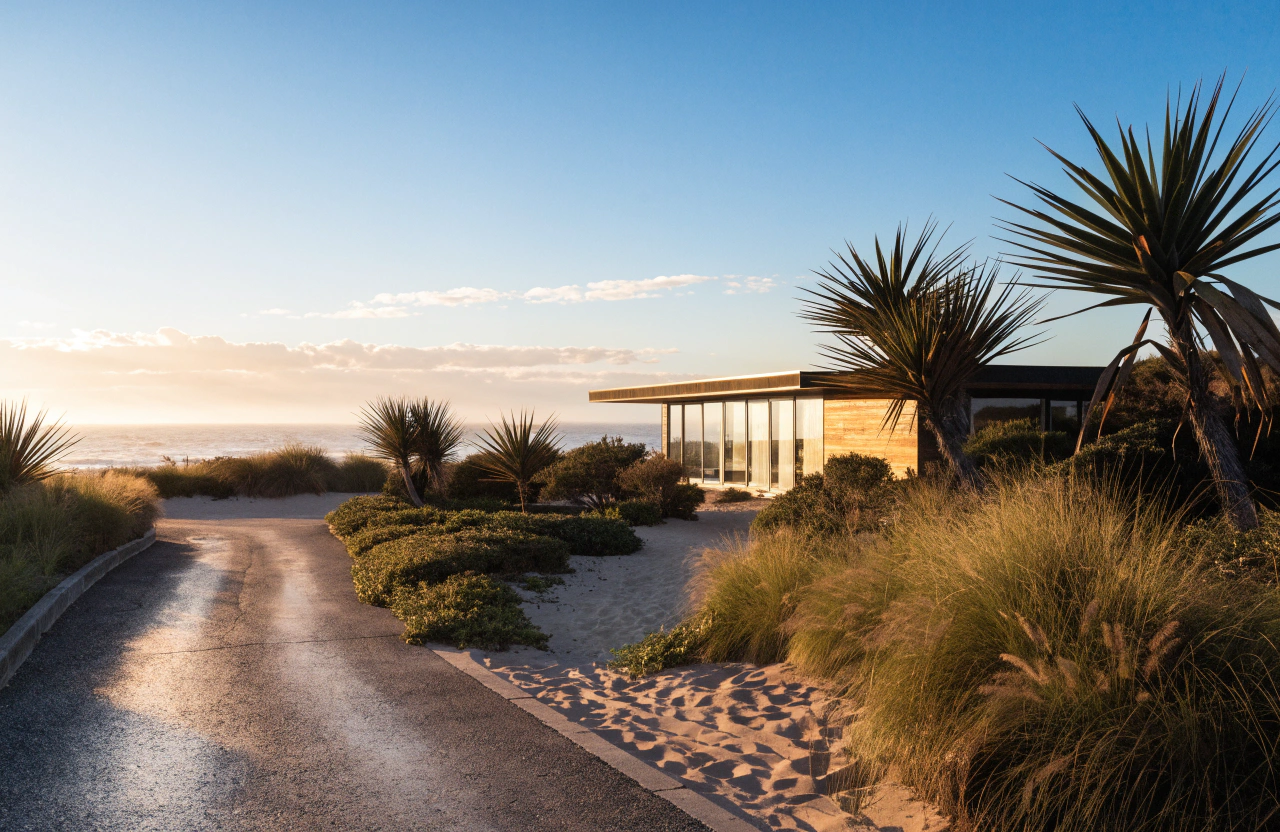 Modern Australian beach house at golden hour with coastal dune planting