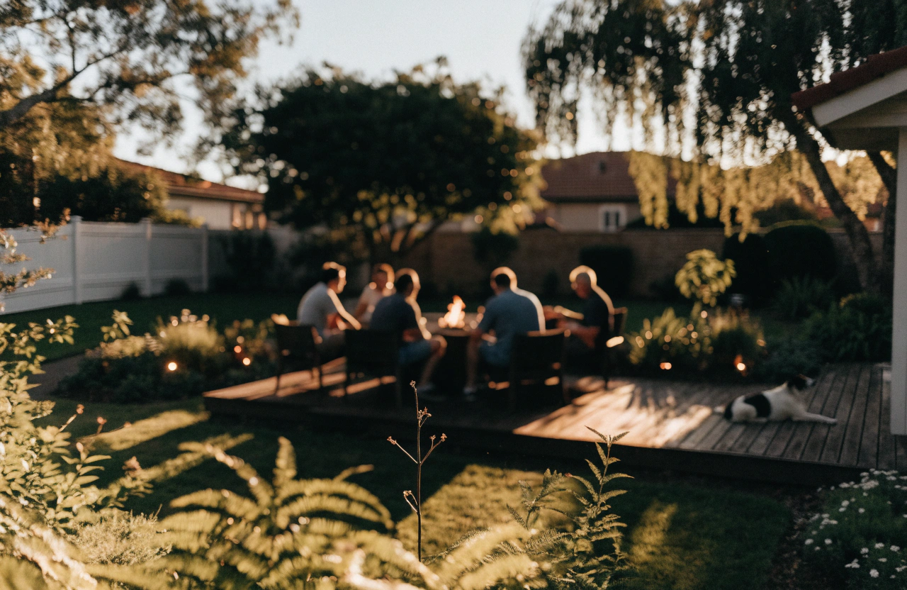 Relaxed early evening scene in a landscaped Australian backyard