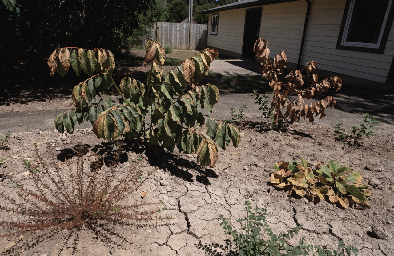Residential backyard garden stressed by heat and drought, with cracked clay soil