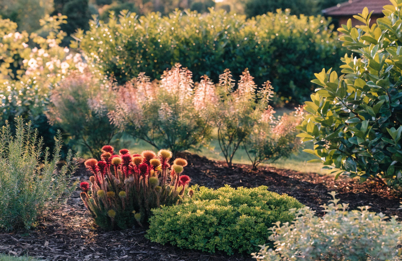 Thriving, established Australian native garden with lush drought-tolerant planting