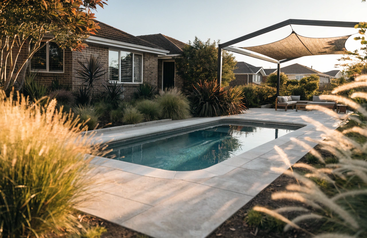 Finished residential pool landscaping with paving, planting and a shade sail