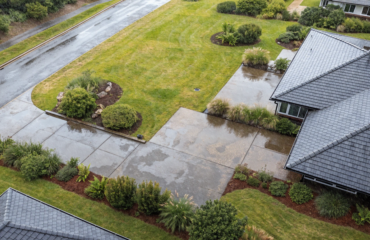 Aerial view of stormwater runoff pooling across a roof, driveway and paving on a Toowoomba property
