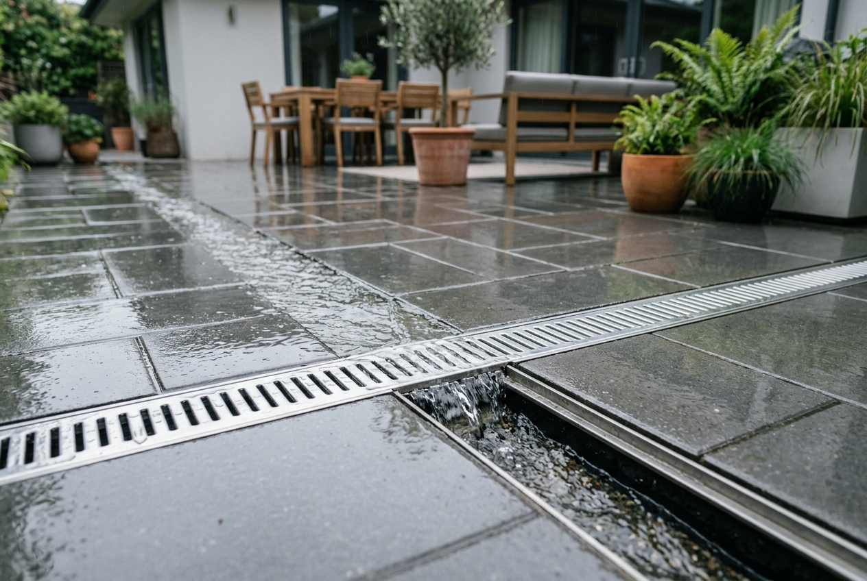 Slim metal channel and grate drain set into a paved outdoor entertaining patio