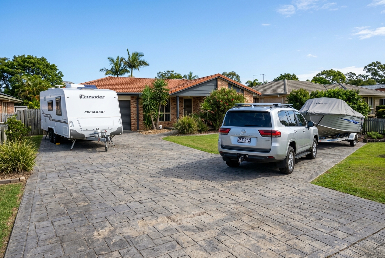 Wide clay paver driveway carrying a car, caravan and boat in a Toowoomba backyard