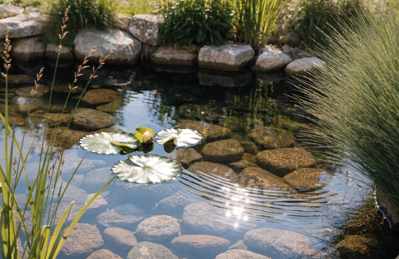 Clear pond water with lily pads and stones visible below the surface in a Toowoomba garden