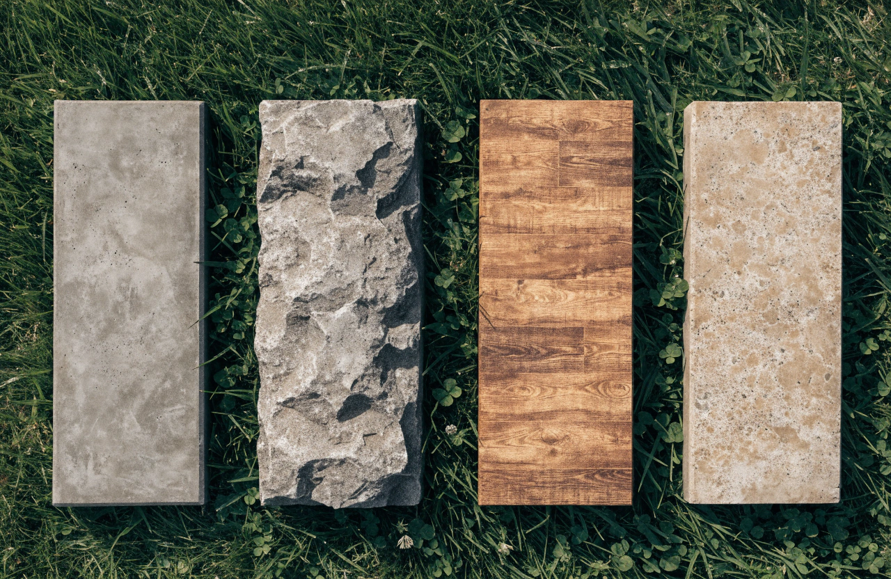 Four concrete sleeper finish options side by side — plain, rock-face, timber-look and sandstone-look
