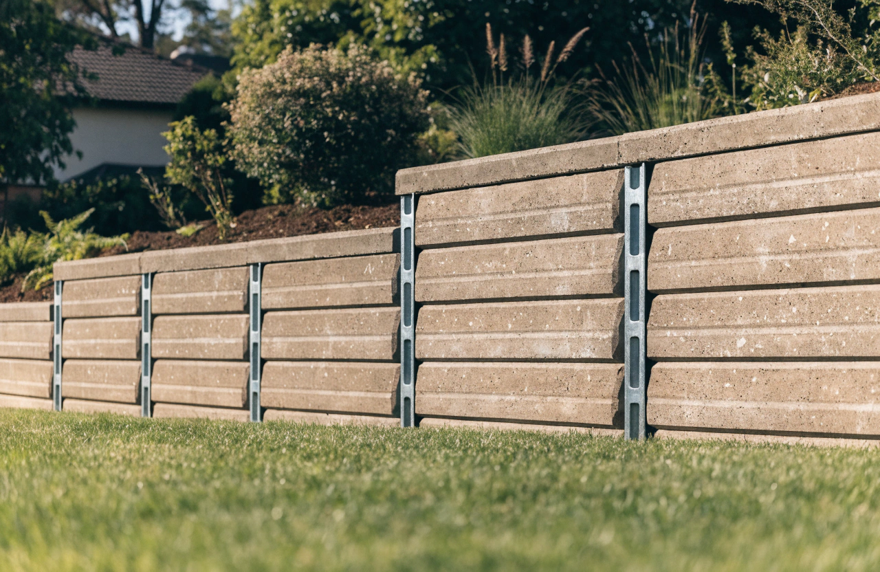 Freshly built modern concrete sleeper retaining wall in a Toowoomba backyard