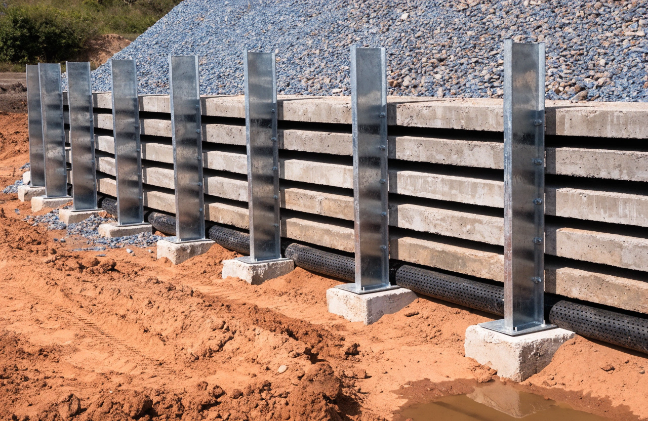 Construction detail of a concrete sleeper retaining wall showing galvanised posts, footings and ag-pipe drainage