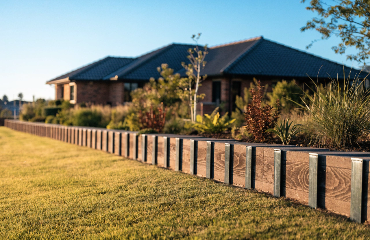Modern woodgrain-finish concrete sleeper retaining wall along a lawn in front of a Toowoomba home at golden hour