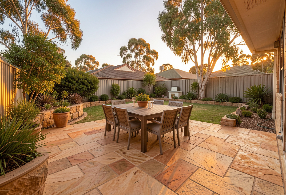 Elegant natural stone patio with dining setting in a landscaped Toowoomba backyard at sunset