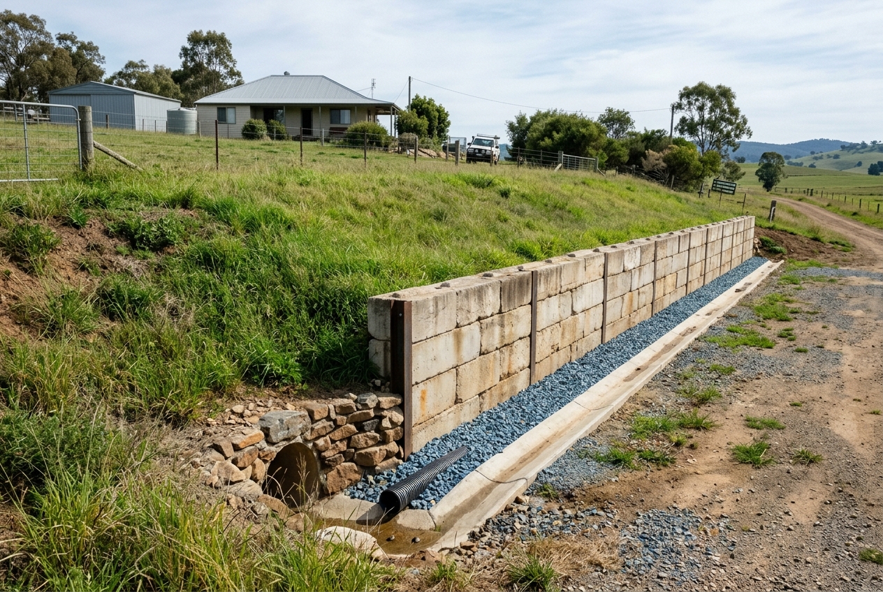 Retaining wall built for erosion control on a Toowoomba Darling Downs acreage property