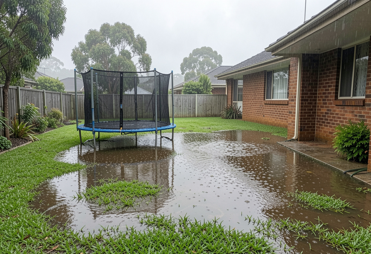Flooded suburban Toowoomba backyard with a trampoline sitting in pooled water after heavy rain