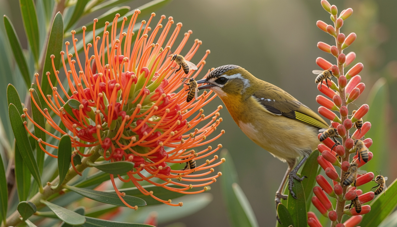 Close-up of a flowering grevillea with a honeyeater and bees