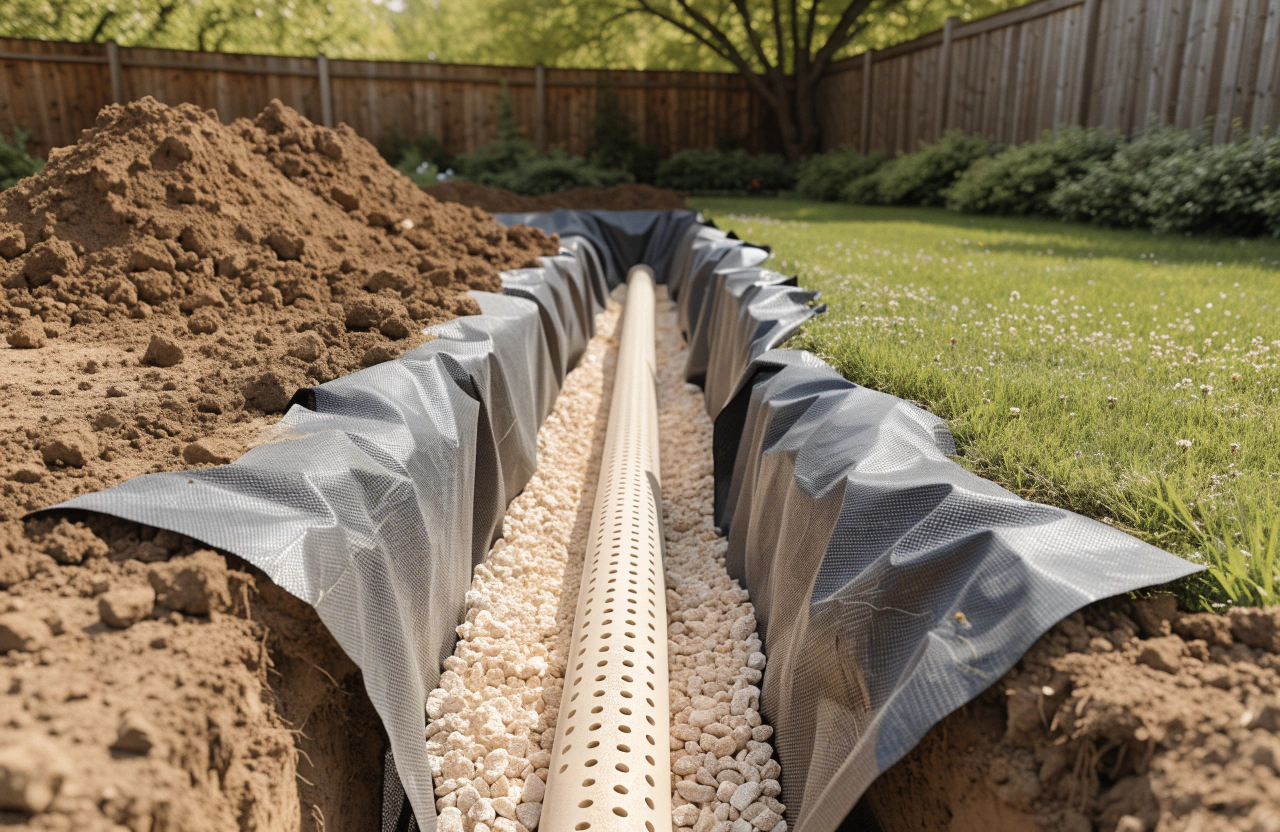 French drain trench being installed with gravel-wrapped perforated pipe in a Toowoomba backyard