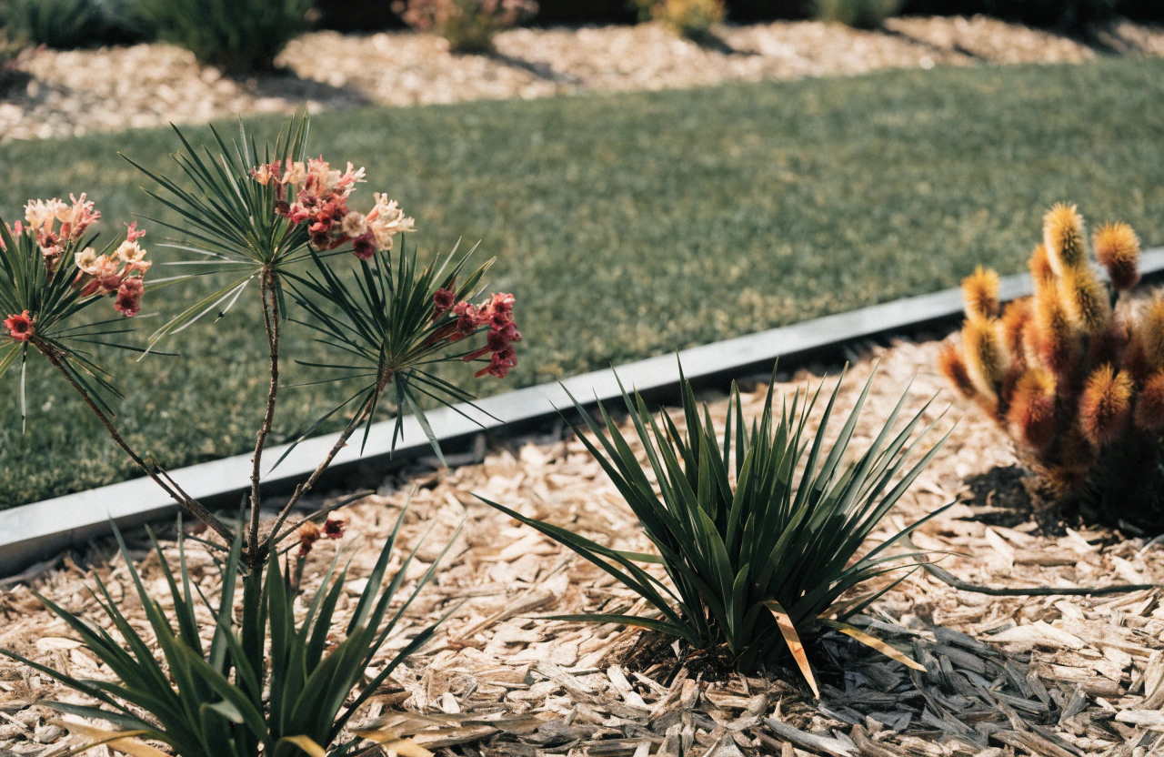 Crisp metal edging separating a mulched native garden bed from the lawn in Toowoomba