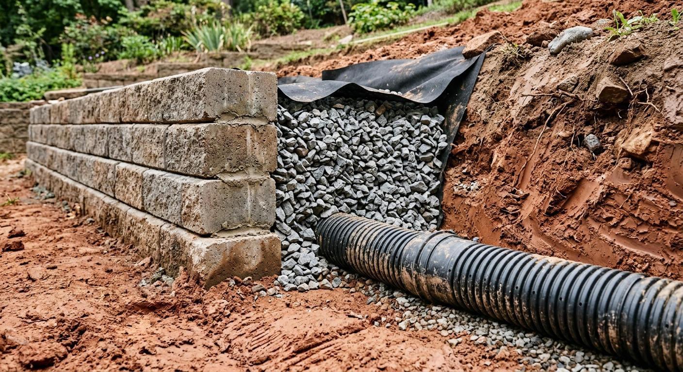 Construction of a terrace retaining wall showing drainage aggregate, geofabric and ag-pipe behind the blocks in Toowoomba