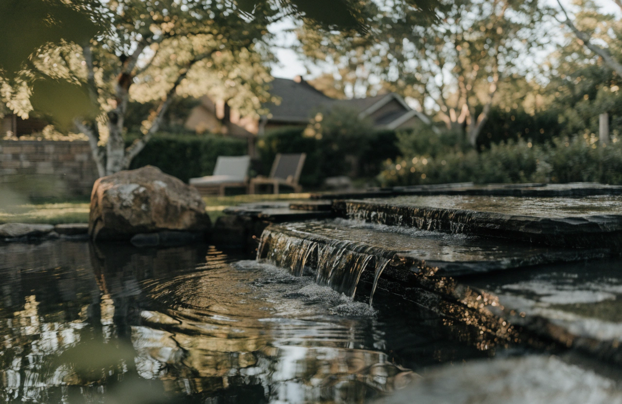 Waterfall feature flowing into a pond at golden hour in a Toowoomba backyard