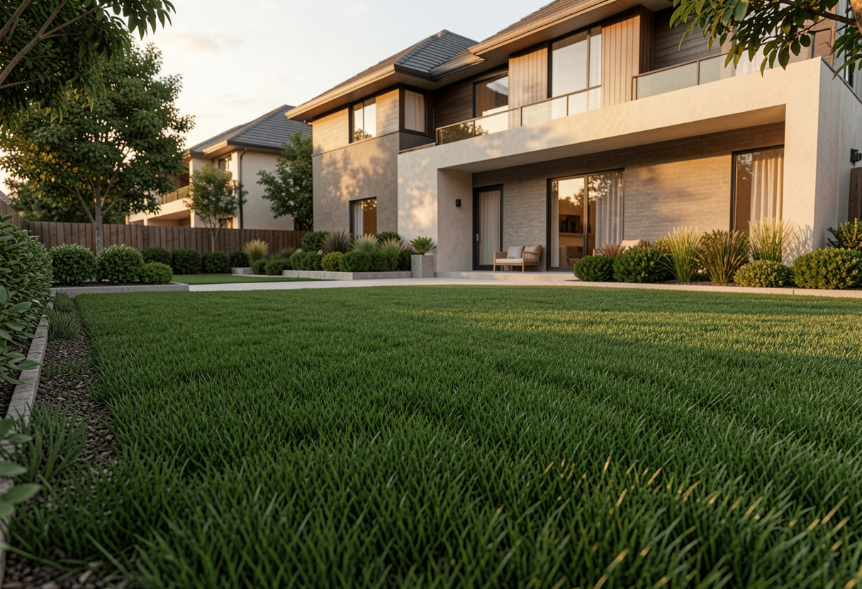 Healthy, soft-leaf buffalo lawn in front of a modern Toowoomba home