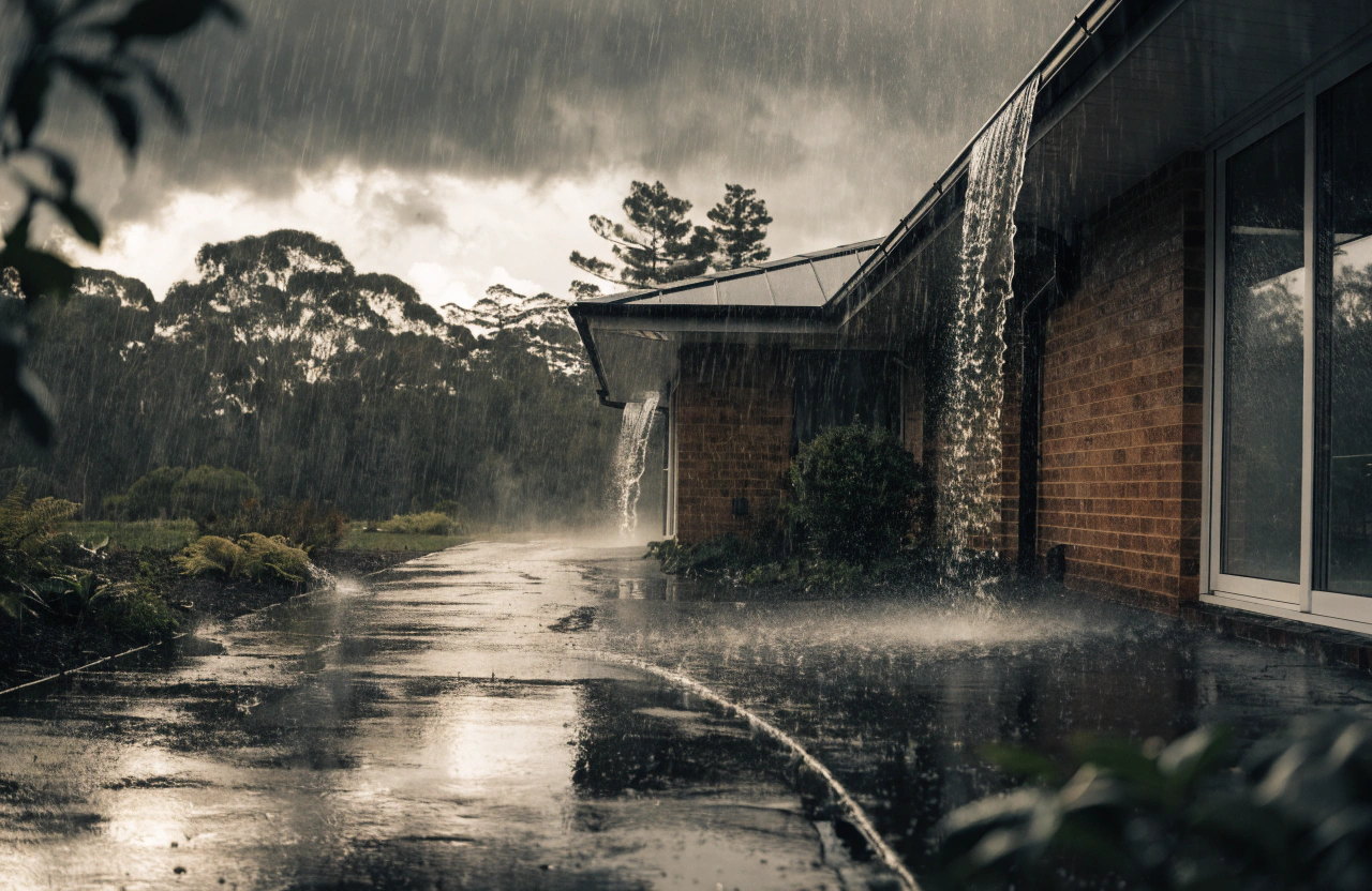 Stormwater management Toowoomba — heavy rain overflowing gutters and pouring off a roof during a Darling Downs downpour