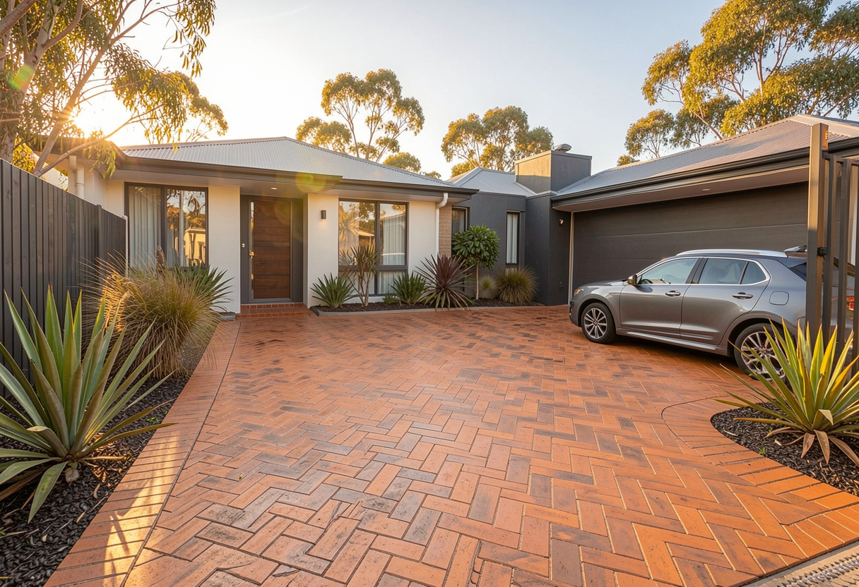 Herringbone-pattern clay paver driveway leading to a modern Toowoomba home