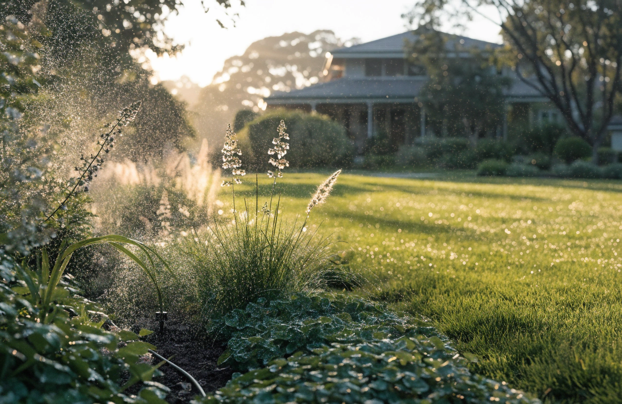 Drip and spray irrigation system watering a lush garden bed at golden hour in Toowoomba
