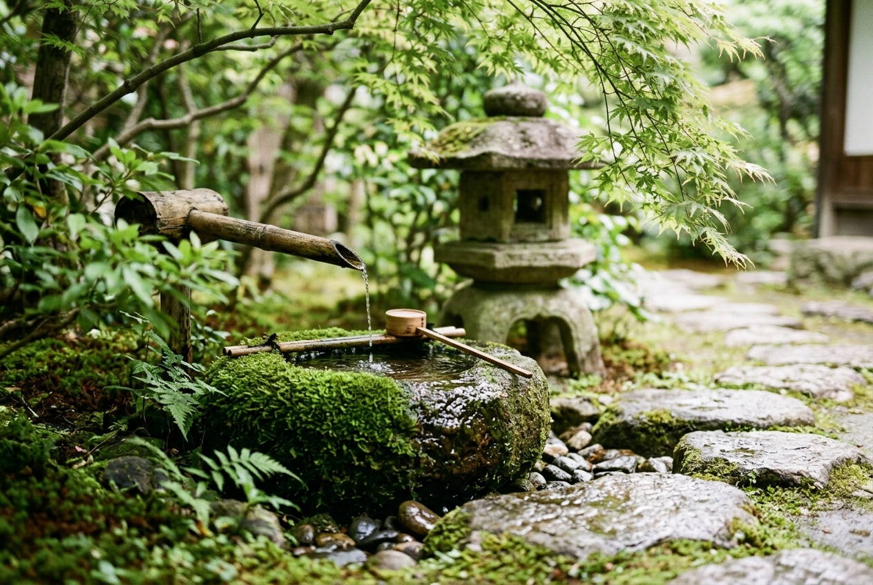 Bamboo water feature and stone lantern in a Toowoomba garden