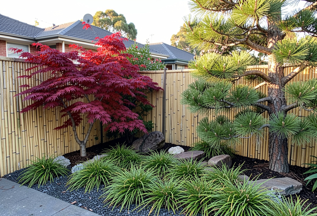 Japanese maple, shaped pine and bamboo fencing in a Toowoomba backyard Japanese garden