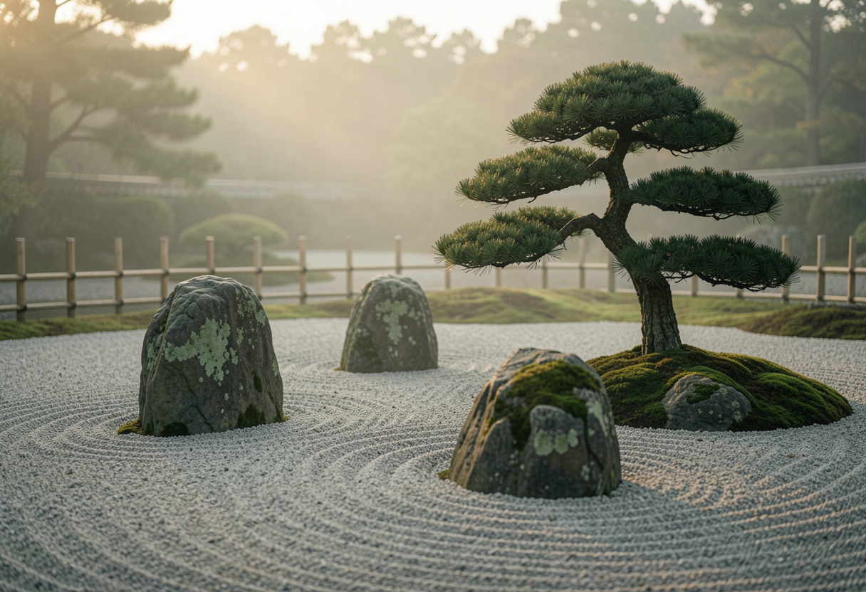 Zen dry rock garden with raked gravel and a shaped pine
