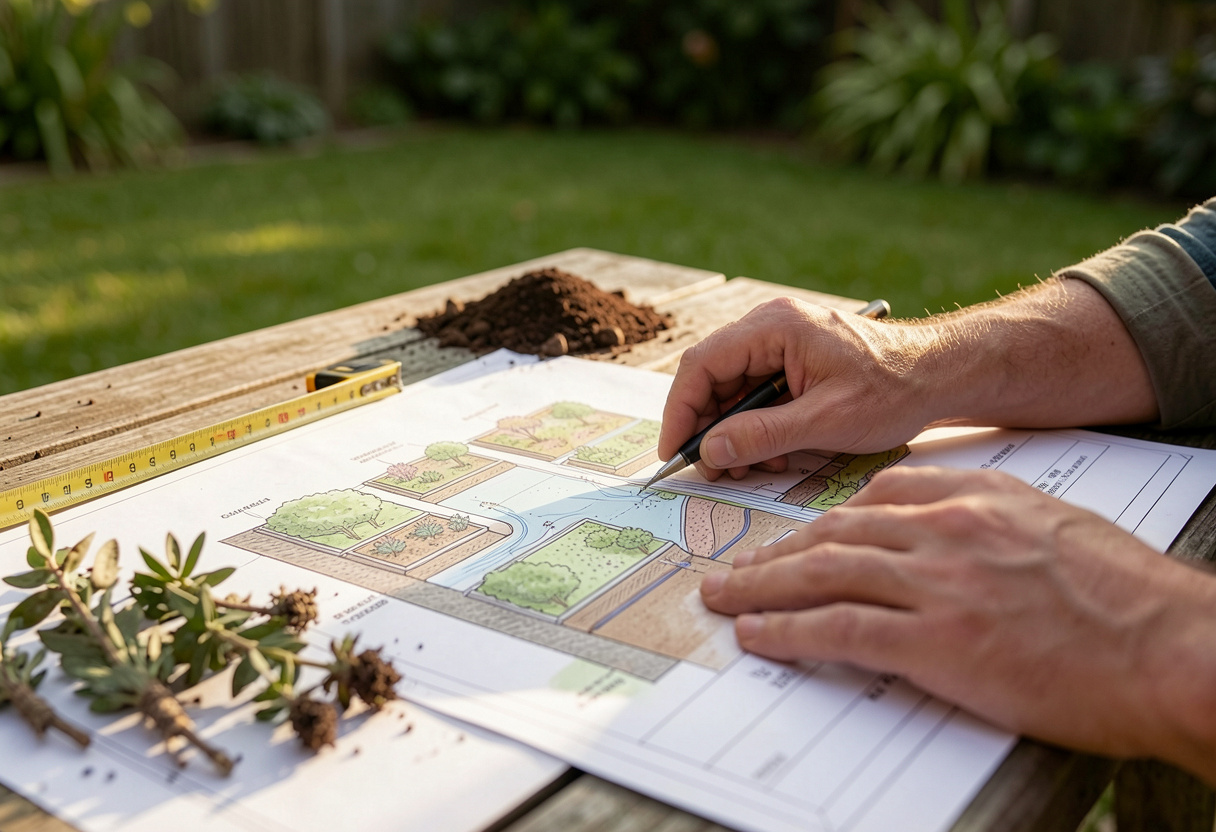 Landscape architect's hands mapping out drainage and planting on a detailed garden design plan