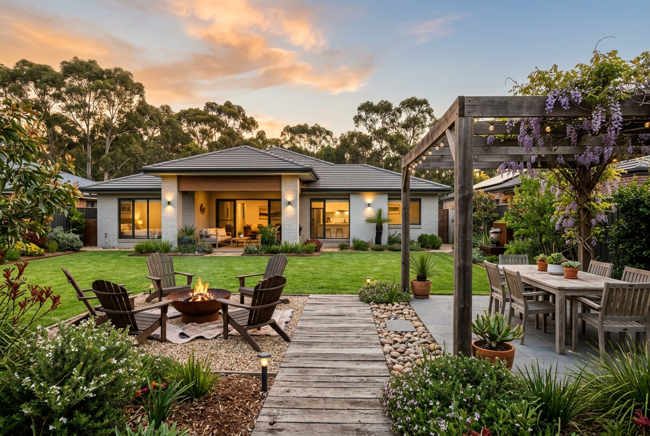 Beautifully landscaped Toowoomba backyard with a fire pit and seating area at dusk