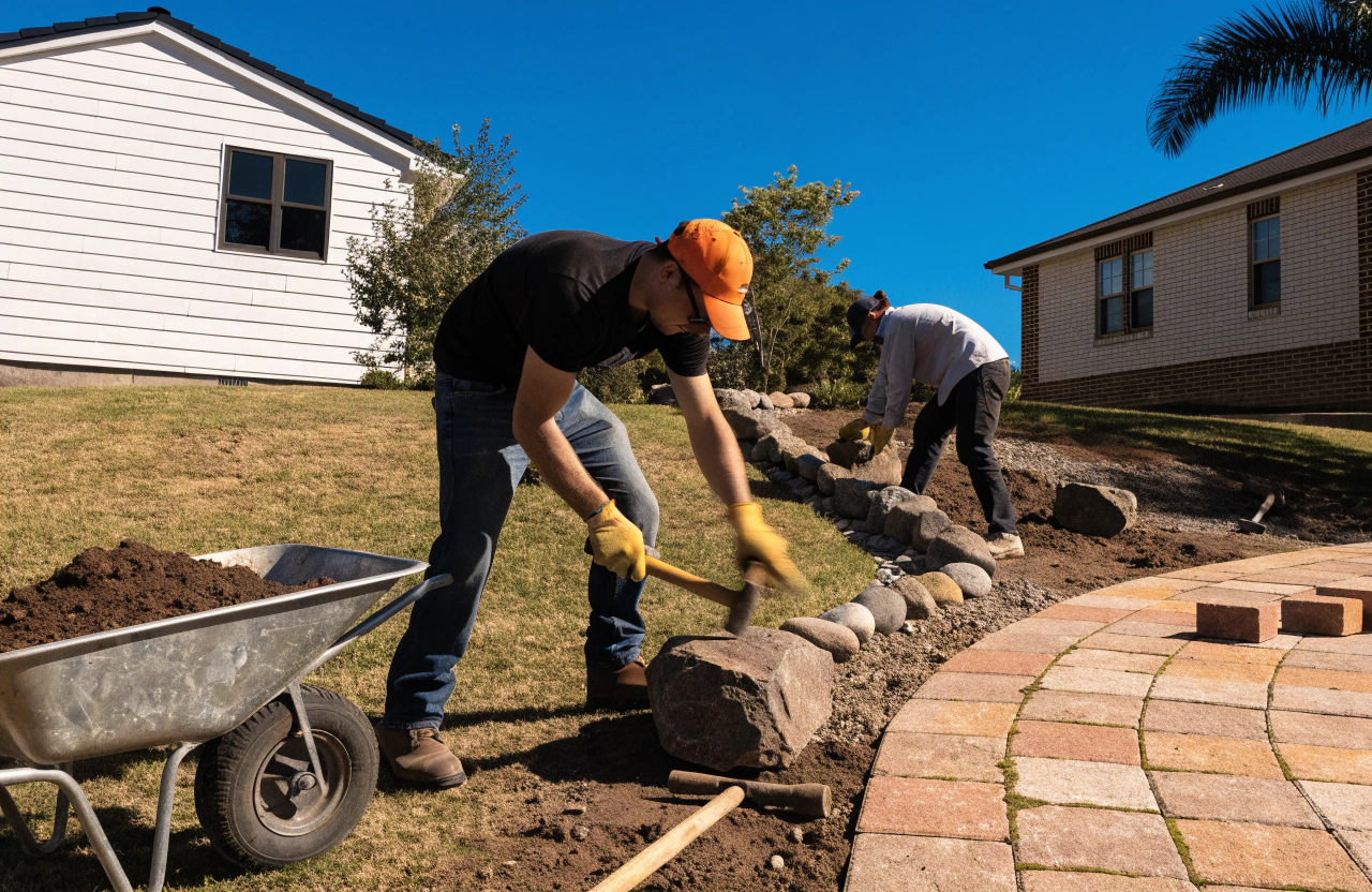 Retaining wall contractor Toowoomba — landscapers installing a natural stone retaining wall on a sloped backyard