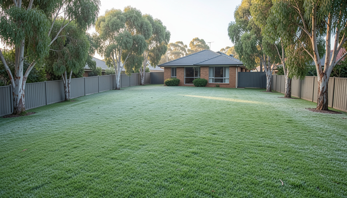 Lush, frost-touched buffalo lawn filling a large Toowoomba backyard